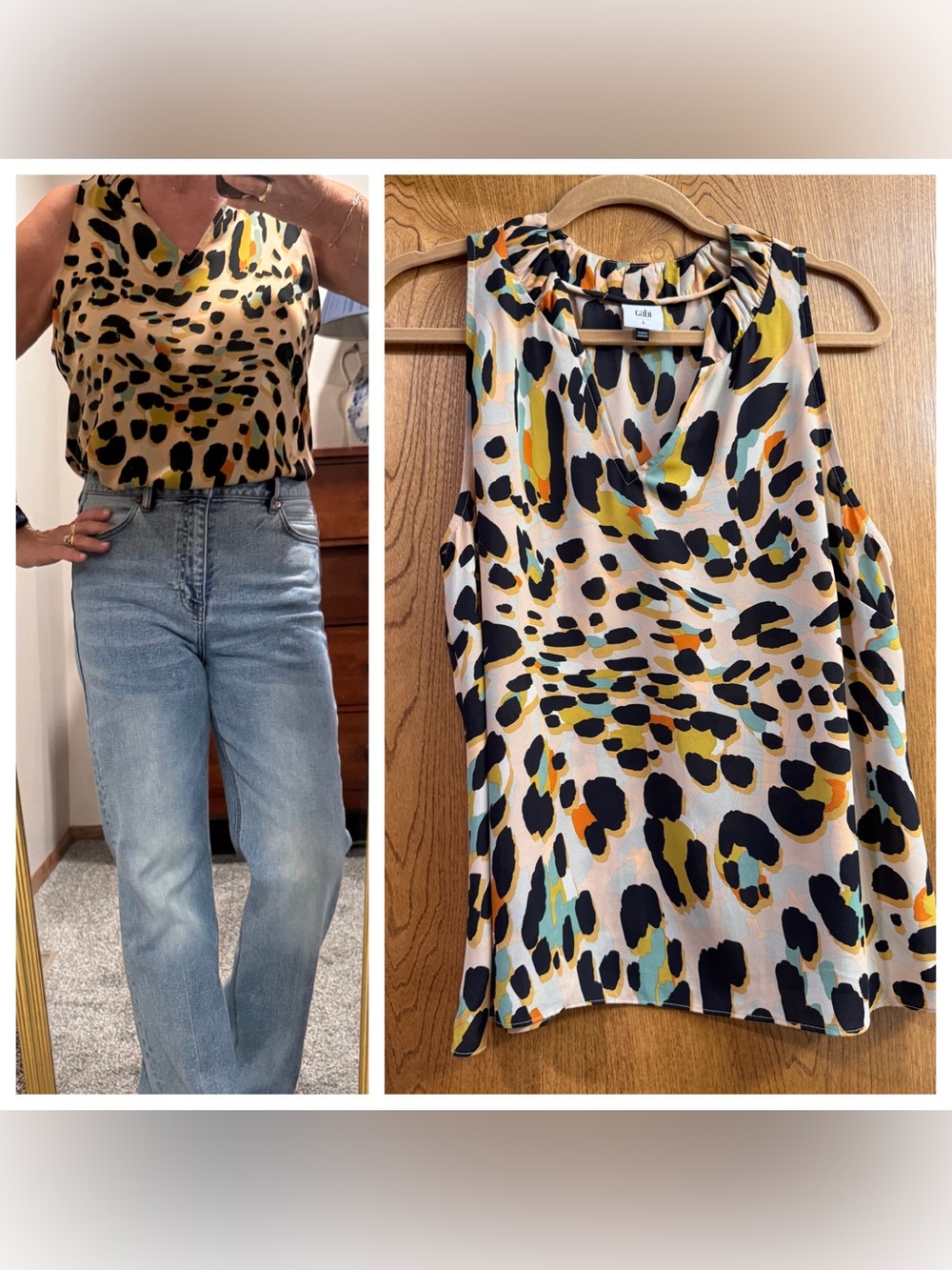 CAbi Sleeveless Racerback Animal Print Shell in Black, Yellow, Teal